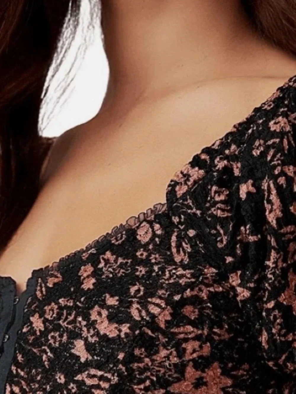 Free People Black Puff Sleeve Floral Lace-Trim Blouse oh baby corset medium
